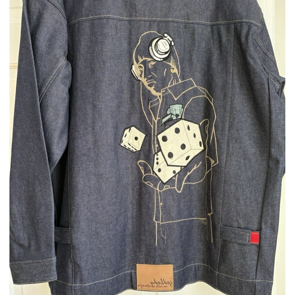 VTG Godbody Signature Denim Jacket/Jean Set Dark Wash Dice Embroidery Mens 36x34